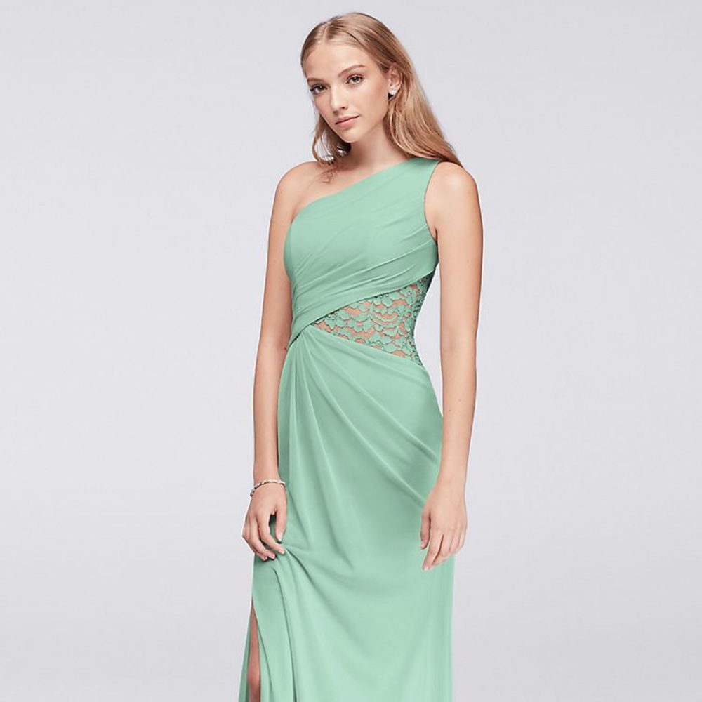 David’s Bridal One-Shoulder Dress with Lace Inset
